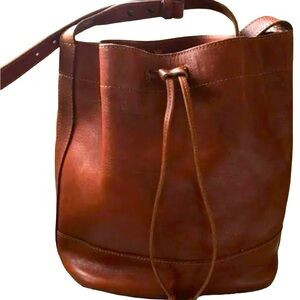 Lucky Brand Genuine Brow Leather Cowhide Drawstring Bucket Handbag